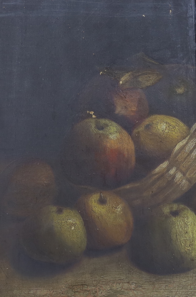 20th century School, oil on canvas, Still life of apples, 37 x 22cm